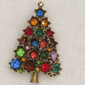 VTG 2.5" Rhinestone Christmas Star Tree Signed HOLLYCRAFT Brooch Pin Gold Tone